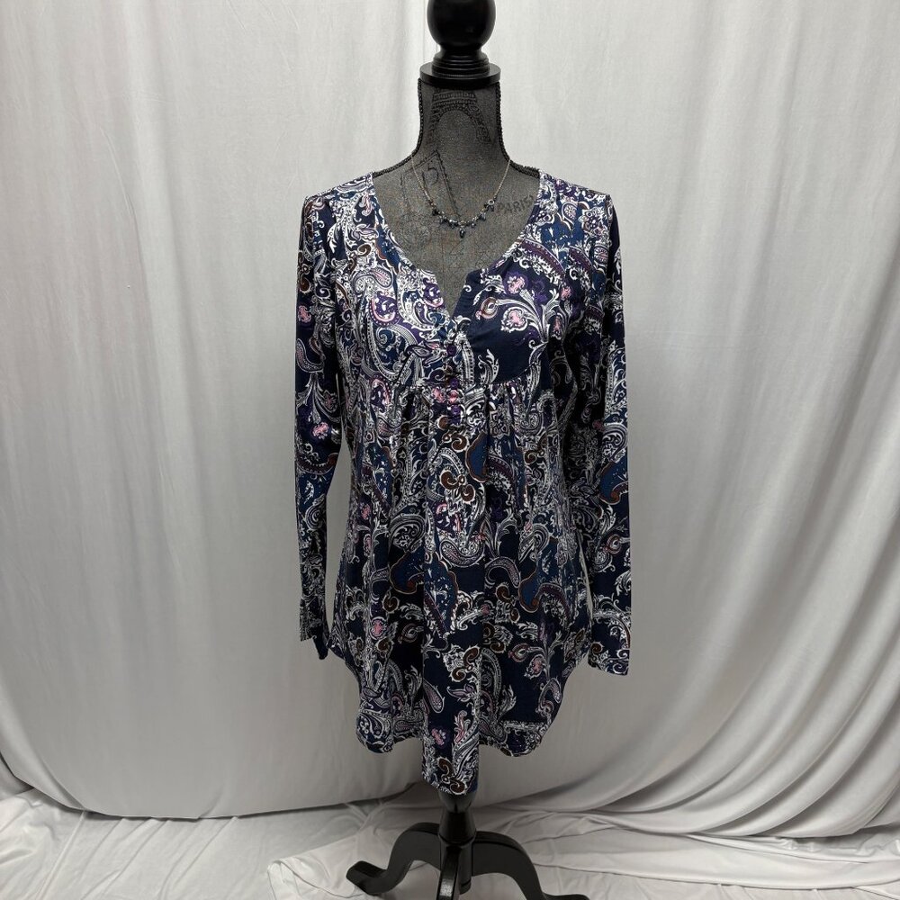 Halife Long Sleeve Paisley Tunic Womens Sz Large Navy Pink Top Comfy Casual Top